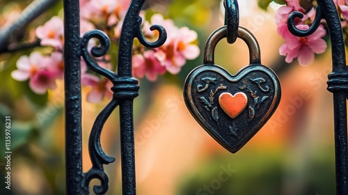 A heart-shaped lock hanging on an iron fence, symbolizing love and affection in the background of blooming flowers and trees