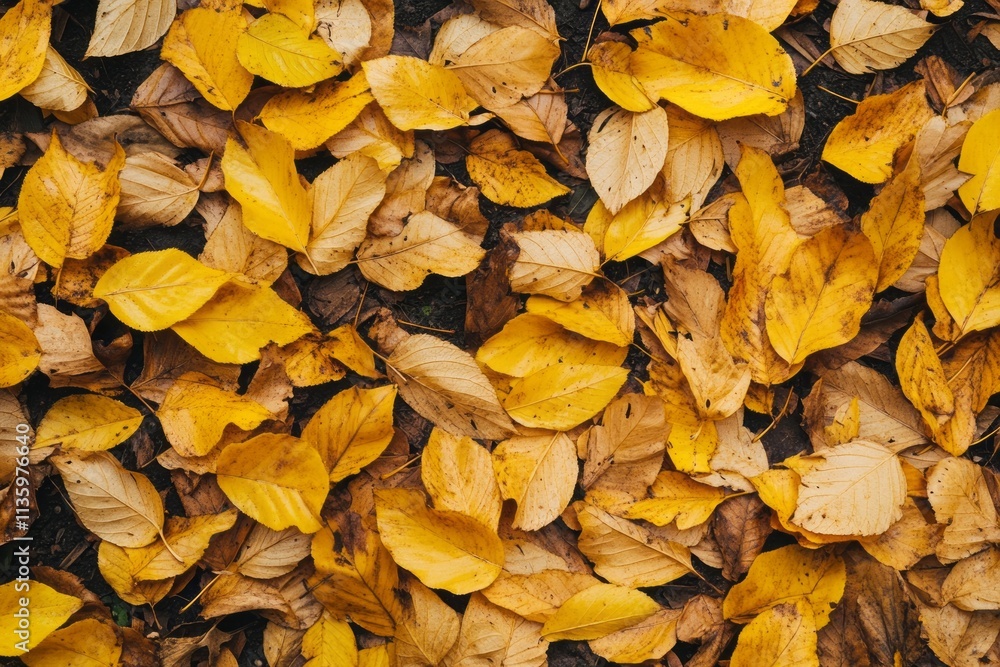 Textured carpet of yellow leaves on the ground during autumn in a serene woodland setting Textured carpet of yellow leaves on the ground during autumn in a serene woodland setting