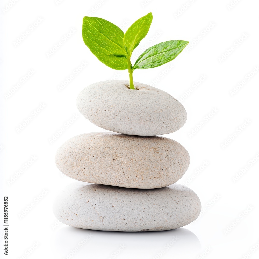 Growing green plant on stacked white stones indoor setting natural beauty minimalist design