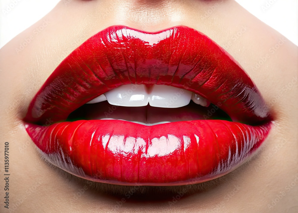 Obraz premium Close-up image showcasing flawlessly glossy lips; beautiful, isolated, high-resolution.