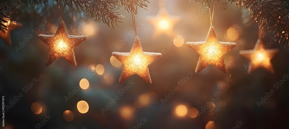 Christmas Lights - Stars String Hanging At Fir Branches In Abstract Defocused Background Christmas Lights - Stars String Hanging At Fir Branches In Abstract Defocused Background