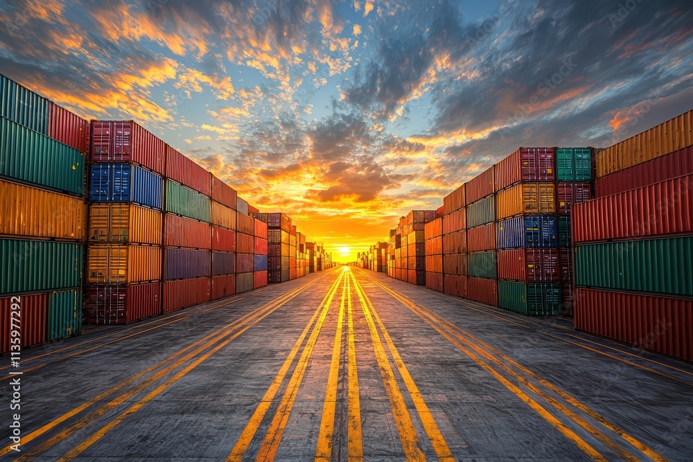 Fototapeta premium Container stacks under twilight skies with a truck port area high fidelity photography urban environment wide angle view logistics concept