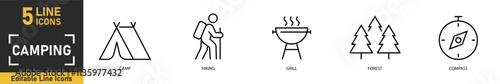 Camping line icon set. Set of 5 outline icons related to camp, hiking, grill, forest, compass and more. Vector illustration.