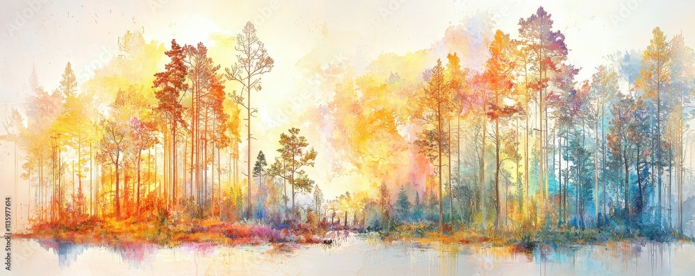 Naklejka premium A vibrant watercolor landscape featuring colorful trees reflecting on water, creating a serene and artistic nature scene.