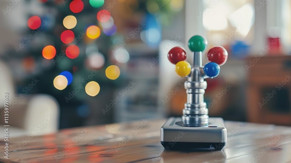 Close-up of joystick controller on gaming console with colorful game icons, symbolizing entertainment and leisure in modern living room setup.