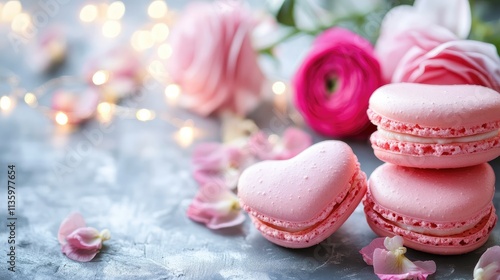 Heart-shaped macarons and pink ranunculus with fairy lights bokeh.