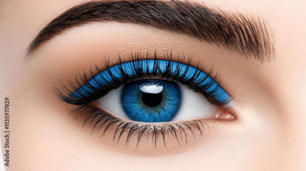 Captivating Azure Gaze: Close-up of a woman's eye, showcasing vibrant blue contact lenses and stylish blue eyeliner. The image emphasizes beauty, fashion, and eye care. Captivating Azure Gaze: Close-up of a woman's eye, showcasing vibrant blue contact lenses and stylish blue eyeliner. The image emphasizes beauty, fashion, and eye care.