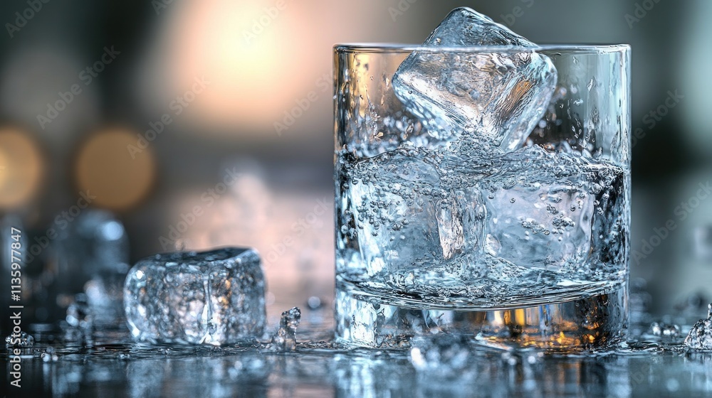 Refreshing glass of water with ice cubes on a dark surface. Refreshing glass of water with ice cubes on a dark surface.