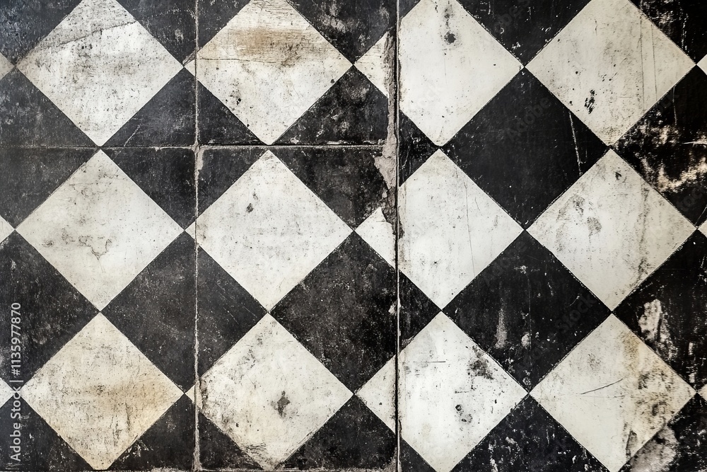 Checkerboard linoleum floor texture in worn black and white pattern showcasing vintage charm and rustic appeal Checkerboard linoleum floor texture in worn black and white pattern showcasing vintage charm and rustic appeal
