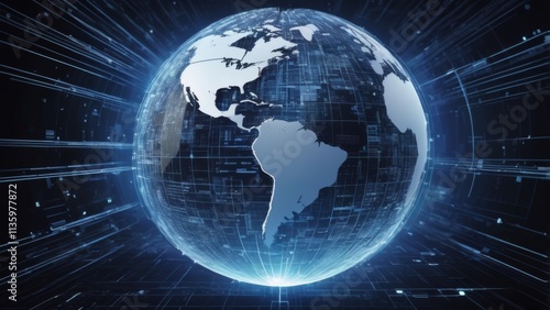 A conceptual representation of the potential of the internet, featuring a glowing globe made up of interconnected digital lines, symbols, and icons representing various aspects of the online world. Th