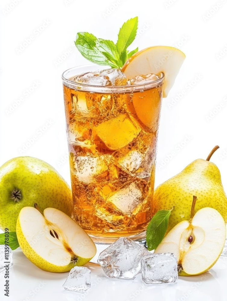 Fototapeta premium A refreshing drink made with pear slices, ice, and mint leaves in a glass.