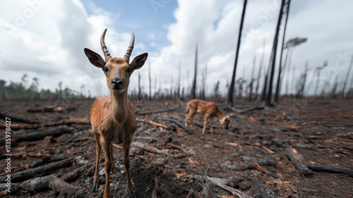 A young goat stands in a deforested area, surrounded by burnt trees and barren land, illustrating the impact of environmental destruction. photo