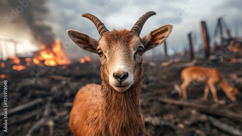 A close-up of a goat with a serious expression, set against a backdrop of a burning landscape, evoking themes of survival and resilience. photo