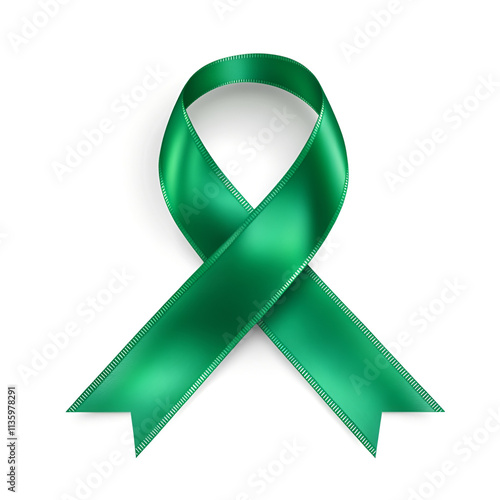 Green awareness ribbon isolated on white background, top view. Green ribbon symbol of why cancer and mental health awareness concept. World Cancer Day. High quality photo