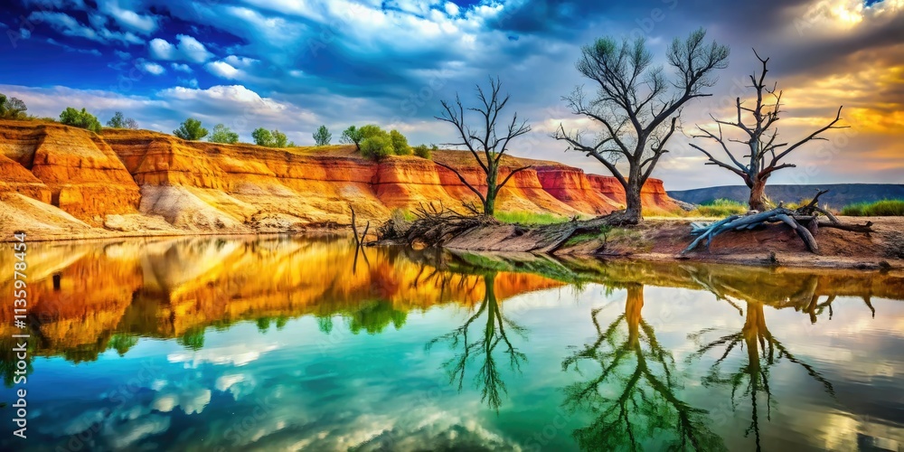 Obraz premium Ethereal Tagus River: double-exposed photo captures dead trees buried within layered sediment.
