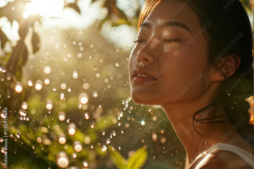 Fototapeta premium Immerse yourself in a vibrant scene where radiant sunlight filters through lush greenery, casting a warm glow on flawless skin. Delicate petals swirl gracefully in the air, while droplets of water shi