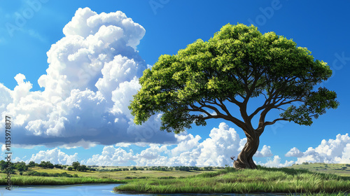 Wallpaper Mural large savanna tree with massive canopy stands by serene water body under bright blue sky filled with fluffy clouds, creating peaceful and vibrant landscape Torontodigital.ca