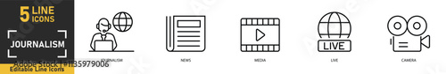 Journalism line icon set. Set of 5 outline icons related to journalism, news, media, live, camera and more. Vector illustration.