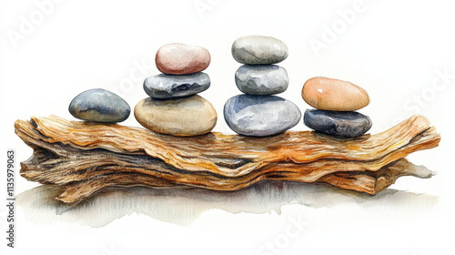 Wallpaper Mural Driftwood and stones in balance, watercolor art style Torontodigital.ca