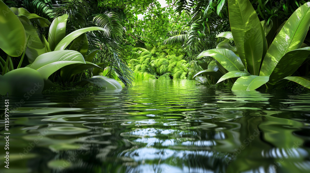 Lush tropical swamp area with vibrant green plants and reflective water. serene environment showcases nature beauty and humidity release from foliage Lush tropical swamp area with vibrant green plants and reflective water. serene environment showcases nature beauty and humidity release from foliage