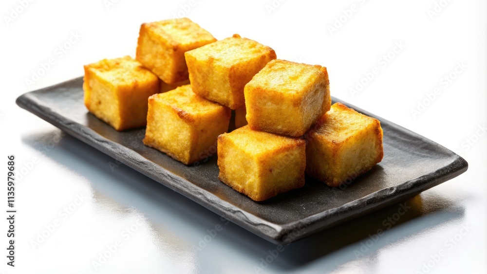 High-resolution image: perfectly crisped tofu, served on a black plate, pops against a bright white background. High-resolution image: perfectly crisped tofu, served on a black plate, pops against a bright white background.