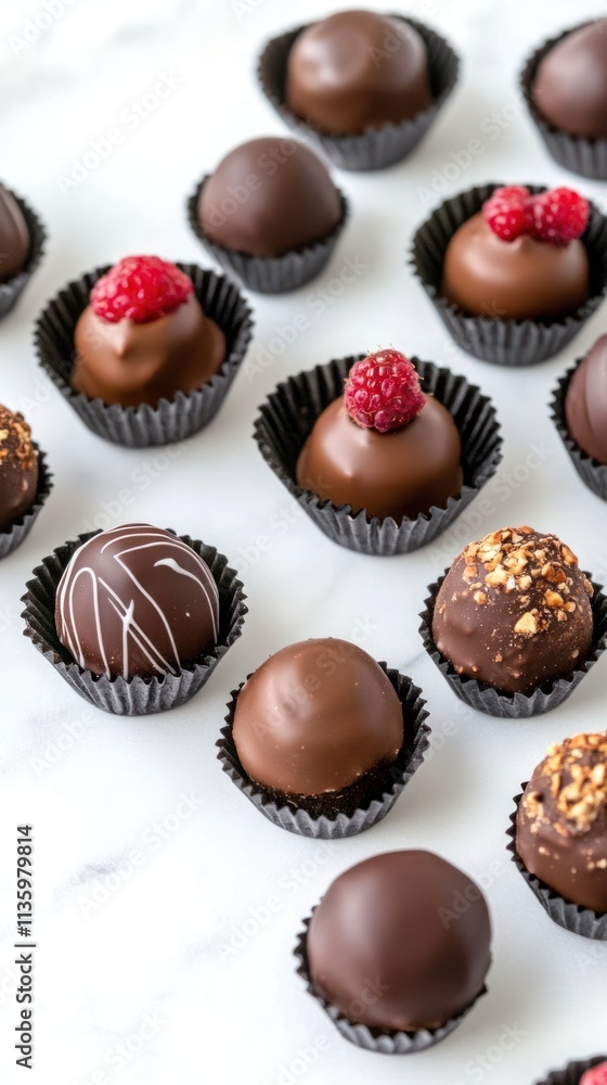 A variety of chocolate truffles arranged on a marble surface, showcasing different toppings. A variety of chocolate truffles arranged on a marble surface, showcasing different toppings.