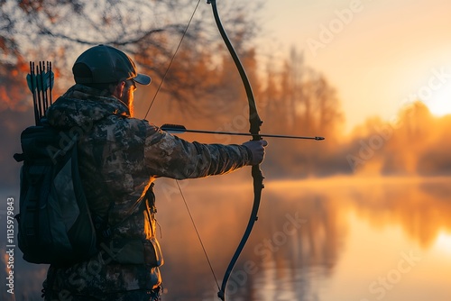 Hunter with bow during sunrise photo