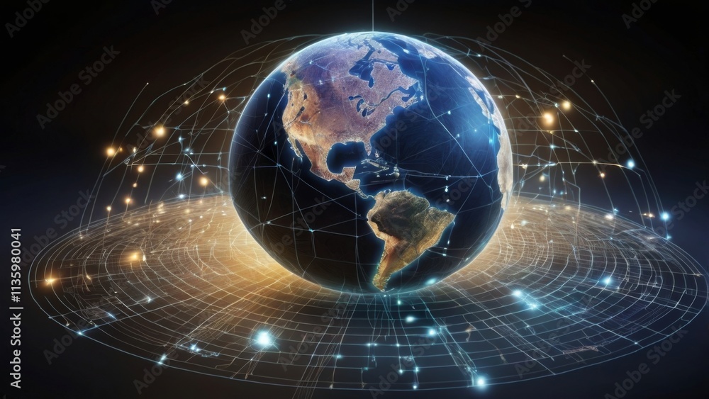 Obraz premium A conceptual representation of the potential of the internet, featuring a glowing globe made up of interconnected digital lines, symbols, and icons representing various aspects of the online world. Th
