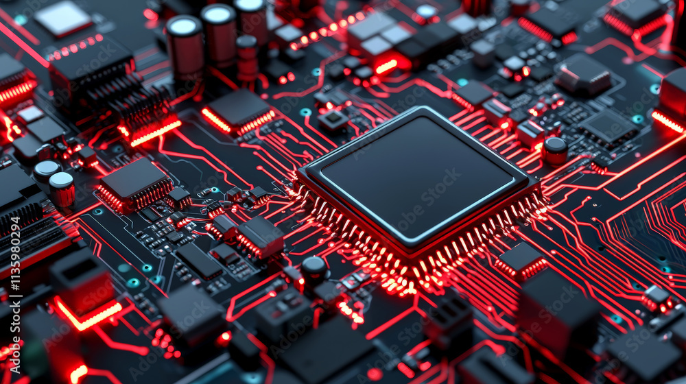 High tech circuit board with glowing red elements and microchips, showcasing advanced technology and digital innovation High tech circuit board with glowing red elements and microchips, showcasing advanced technology and digital innovation