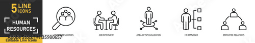 Human Resources line icon set. Set of 5 outline icons related to human resources, job interview, area of specialization, hr manager, employee relations and more. Vector illustration.