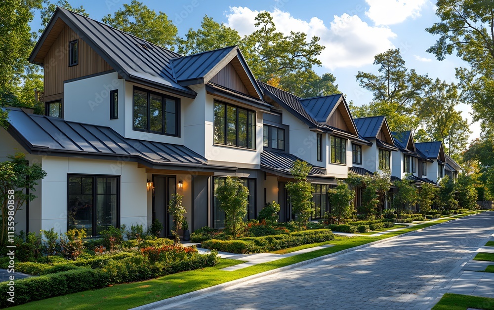 A row of modern townhouses with gray metal roofs and white walls, each house has an exterior balcony on the second floor,
A row of modern townhouses with gray metal roofs and white walls, each house has an exterior balcony on the second floor,