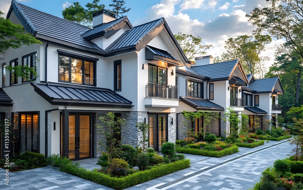 A row of modern townhouses with gray metal roofs and white walls, each house has an exterior balcony on the second floor,


