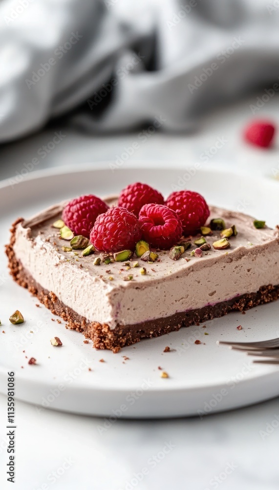 A slice of chocolate mousse cake topped with raspberries and pistachios on a white plate. A slice of chocolate mousse cake topped with raspberries and pistachios on a white plate.