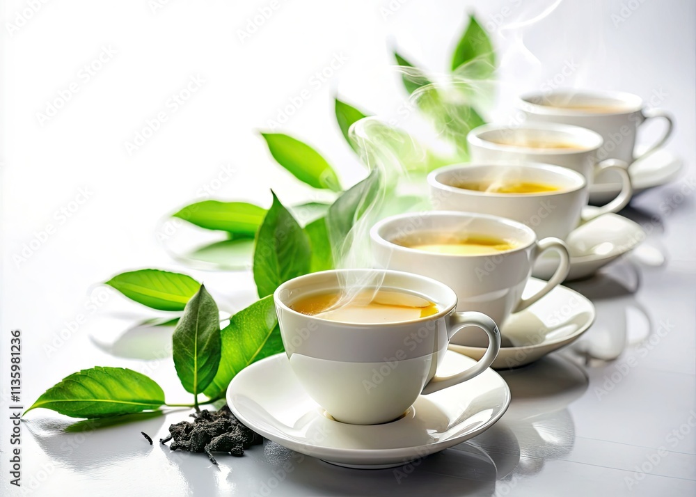 Organic green tea's calming embrace: leaves and cup in a tranquil white background still life.