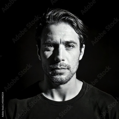 An impressive black-and-white portrait of a man with an intense expression, dramatically lit against a dark background.