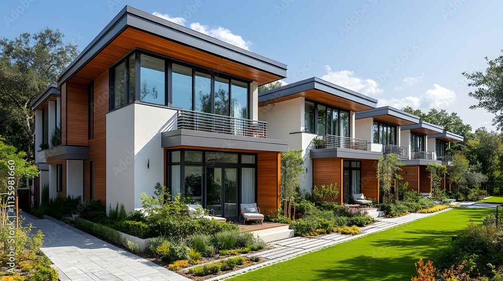 A row of modern townhouses with gray metal roofs and white walls, each house has an exterior balcony on the second floor,
A row of modern townhouses with gray metal roofs and white walls, each house has an exterior balcony on the second floor,