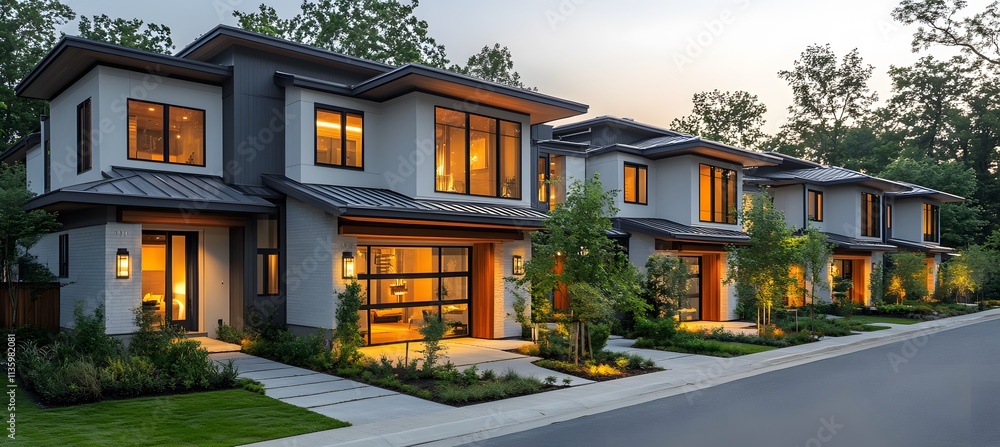 A row of modern townhouses with gray metal roofs and white walls, each house has an exterior balcony on the second floor,
A row of modern townhouses with gray metal roofs and white walls, each house has an exterior balcony on the second floor,