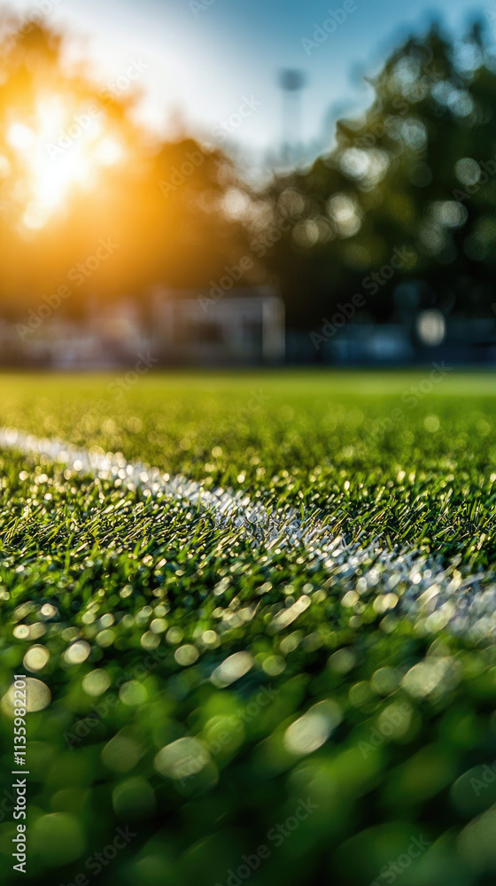 Naklejka premium Lush green artificial turf with sunlight and bokeh effect