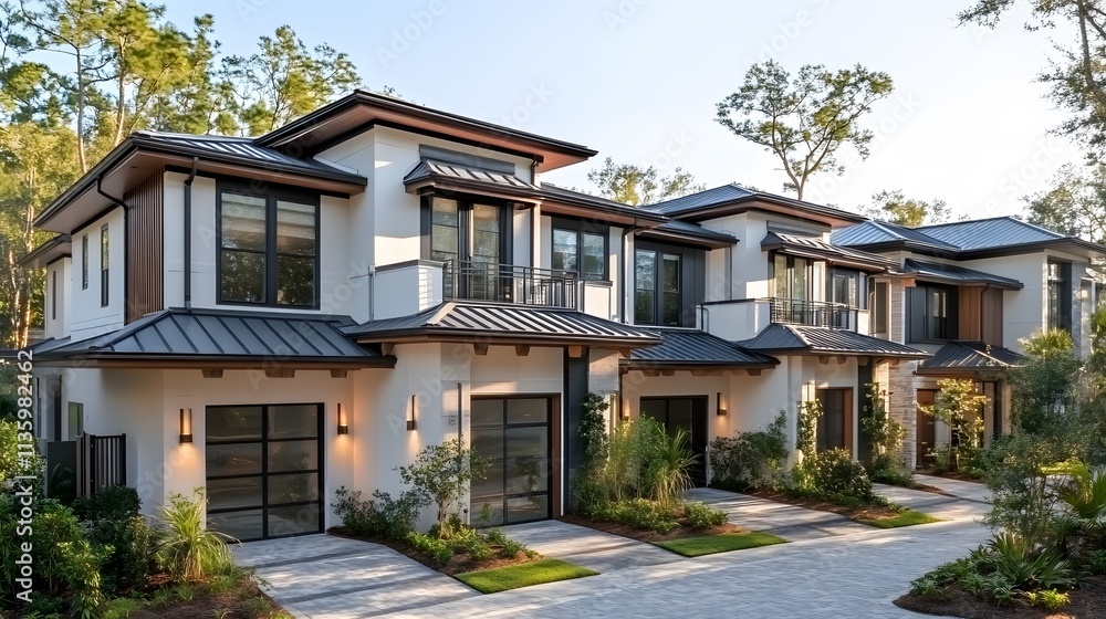 A row of modern townhouses with gray metal roofs and white walls, each house has an exterior balcony on the second floor,
A row of modern townhouses with gray metal roofs and white walls, each house has an exterior balcony on the second floor,