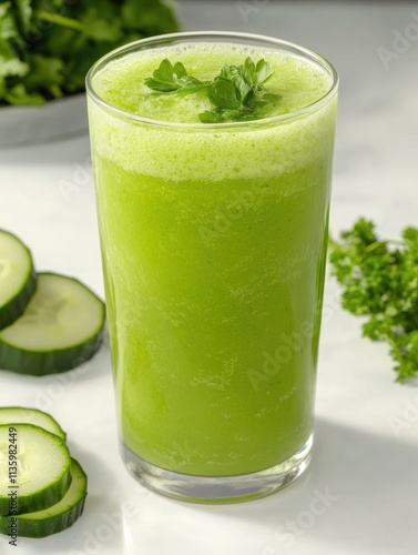 A refreshing green smoothie in a glass, garnished with herbs, surrounded by cucumber slices.