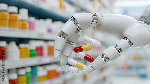 Medical healthcare concept. A robotic hand holds colorful capsules in a pharmacy filled with medication bottles. photo