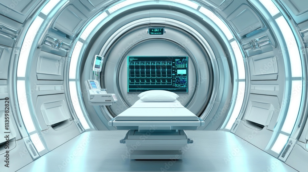 Medical healthcare concept. Futuristic medical room with a bed, advanced technology, and ambient lighting. Medical healthcare concept. Futuristic medical room with a bed, advanced technology, and ambient lighting.