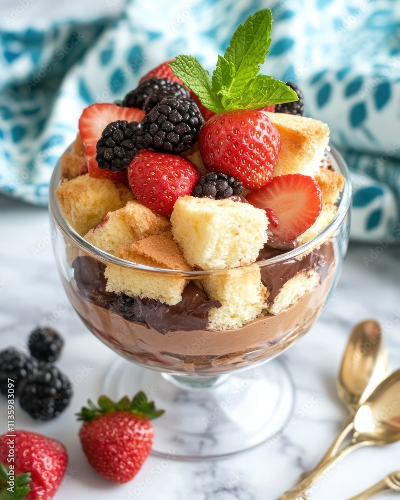 A delicious dessert featuring layers of chocolate, cake, and fresh berries in a glass dish. A delicious dessert featuring layers of chocolate, cake, and fresh berries in a glass dish.