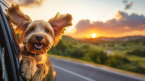 Dog with ears flying in the wind, head out of car window, vibrant sunset landscape behind, joyful expression, Dog Head Out Car Window photo