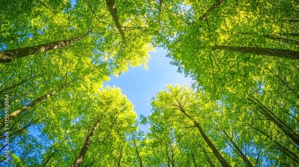 A forest scene from the ground, looking straight up at a canopy of green leaves and blue sky. A forest scene from the ground, looking straight up at a canopy of green leaves and blue sky.