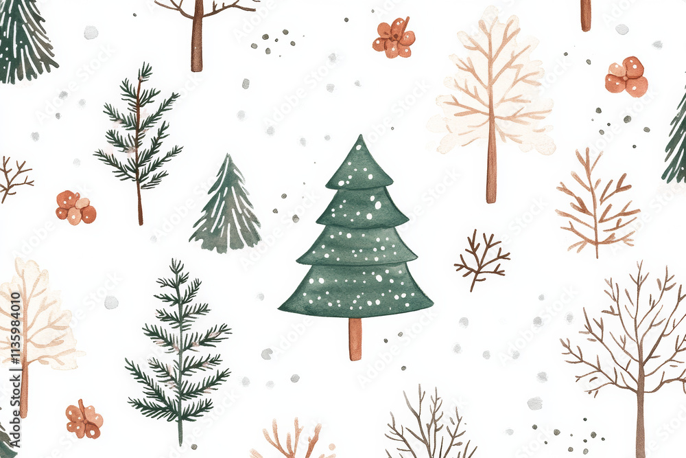 Winter forest scene with pine trees and delicate foliage, evoking serene atmosphere Winter forest scene with pine trees and delicate foliage, evoking serene atmosphere