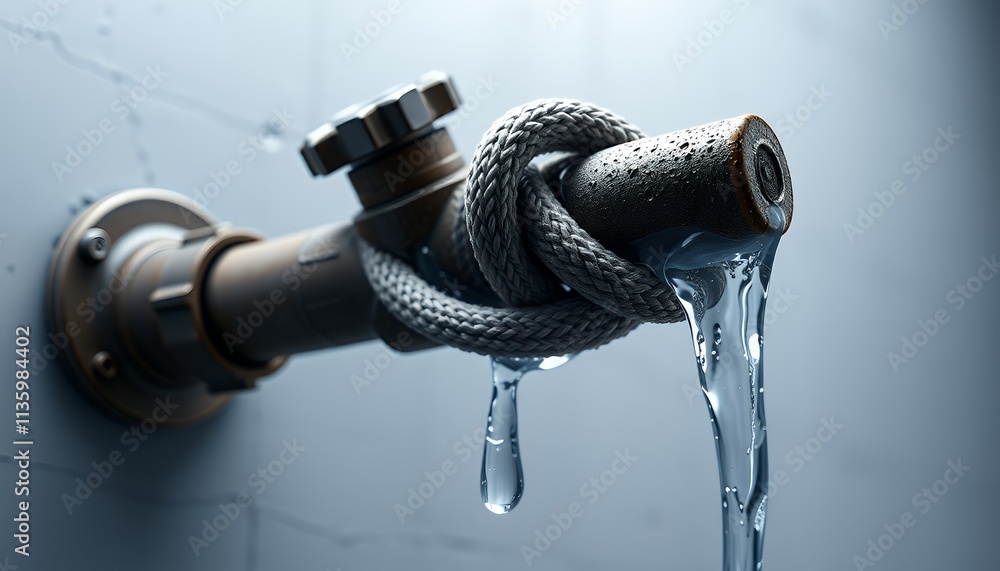 Obraz premium A tied faucet with water leaking. Symbol of water scarcity and lack of access to clean water.