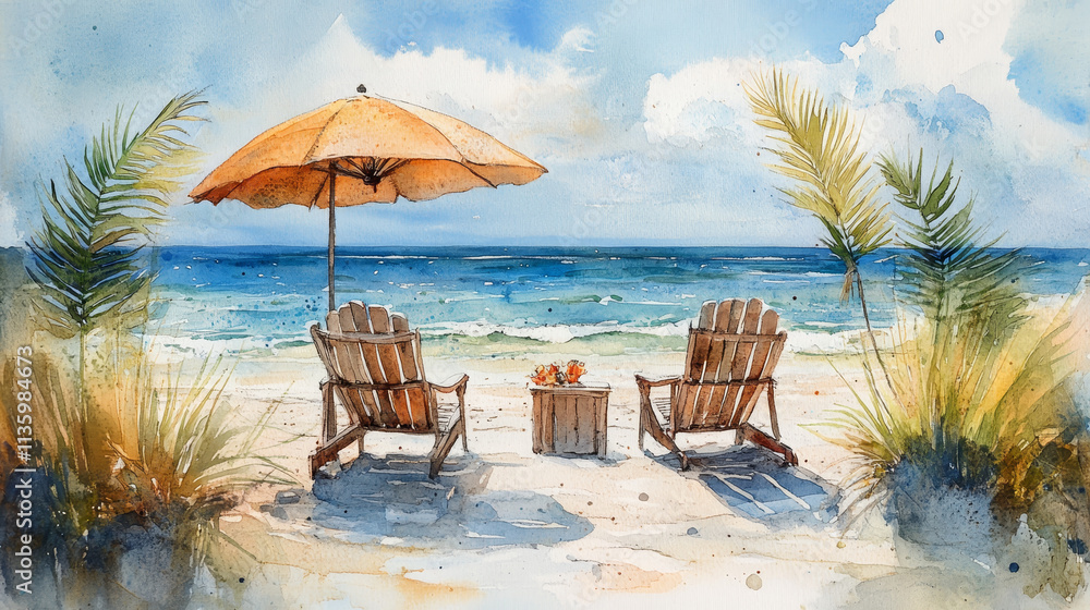 Obraz premium Relaxing beach scene with chairs, umbrella, and ocean view