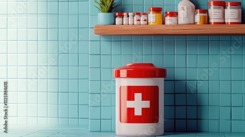 Wallpaper Mural Medical healthcare concept. Medical supplies and a waste container are arranged neatly on a turquoise tiled wall. Torontodigital.ca
