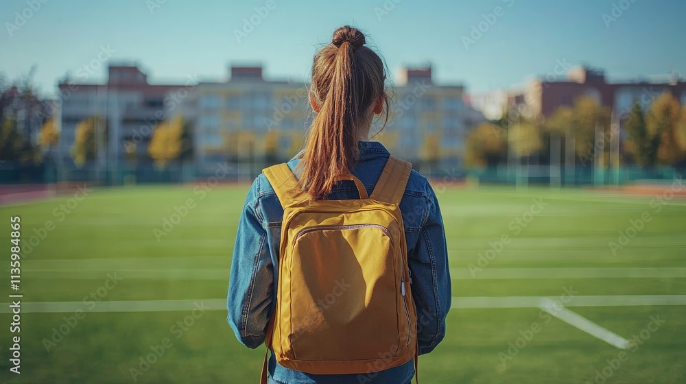 Obraz premium Young Woman with Backpack Standing on Sports Field, Looking at Urban Buildings in the Distance on a Sunny Day